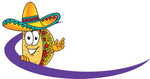 Clip Art Graphic of a Crunchy Hard Taco Character Wearing a Sombrero Standing Behind a Purple Dash on an Employee Nametag or Business Logo