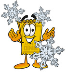 Clip Art Graphic of a Golden Admission Ticket Character With Three Snowflakes in Winter
