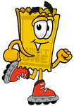 Clip Art Graphic of a Golden Admission Ticket Character Roller Blading on Inline Skates