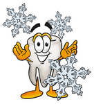 Clip Art Graphic of a Human Molar Tooth Character With Three Snowflakes in Winter