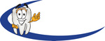 Clip Art Graphic of a Human Molar Tooth Character Waving and Standing Behind a Blue Dash on an Employee Nametag or Business Logo