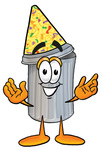 Clip Art Graphic of a Metal Trash Can Cartoon Character Wearing a Birthday Party Hat