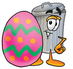 Clip Art Graphic of a Metal Trash Can Cartoon Character Standing Beside an Easter Egg