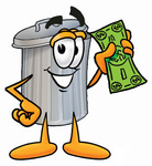 Clip Art Graphic of a Metal Trash Can Cartoon Character Holding a Dollar Bill