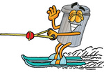 Clip Art Graphic of a Metal Trash Can Cartoon Character Waving While Water Skiing