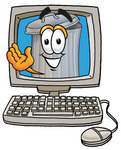 Clip Art Graphic of a Metal Trash Can Cartoon Character Waving From Inside a Computer Screen