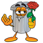 Clip Art Graphic of a Metal Trash Can Cartoon Character Holding a Red Rose on Valentines Day