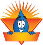 Clip Art Graphic of a Blue Waterdrop or Tear Character on a Blank Sunburst Label