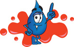 Clip Art Graphic of a Blue Waterdrop or Tear Character Pointing Upwards and Standing in Front of a Red Paint Splatter on a Logo