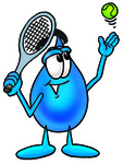Clip Art Graphic of a Blue Waterdrop or Tear Character Preparing to Hit a Tennis Ball