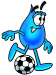 Clip Art Graphic of a Blue Waterdrop or Tear Character Kicking a Soccer Ball