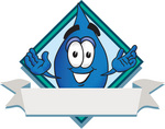 Clip Art Graphic of a Blue Waterdrop or Tear Character Over a Blank White Banner on a Label With a Diamond