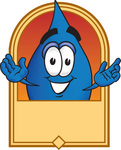 Clip Art Graphic of a Blue Waterdrop or Tear Character Over a Blank Tan Label