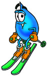 Clip Art Graphic of a Blue Waterdrop or Tear Character Skiing Downhill
