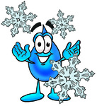 Clip Art Graphic of a Blue Waterdrop or Tear Character With Three Snowflakes in Winter
