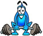 Clip Art Graphic of a Blue Waterdrop or Tear Character Lifting a Heavy Barbell
