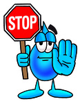 Clip Art Graphic of a Blue Waterdrop or Tear Character Holding a Stop Sign