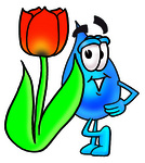 Clip Art Graphic of a Blue Waterdrop or Tear Character With a Red Tulip Flower in the Spring