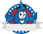 Clip Art Graphic of a Blue Waterdrop or Tear Character on an American Logo With a Blank Banner