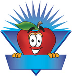 Clip art Graphic of a Red Apple Cartoon Character on a Blank Blue Label Logo