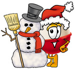 Clip art Graphic of a Fishing Bobber Cartoon Character With a Snowman on Christmas