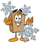Clip Art Graphic of a Cardboard Shipping Box Cartoon Character With Three Snowflakes in Winter
