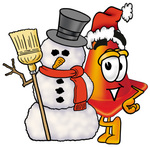 Clip Art Graphic of a Construction Traffic Cone Cartoon Character With a Snowman on Christmas