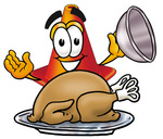 Clip Art Graphic of a Construction Traffic Cone Cartoon Character Serving a Thanksgiving Turkey on a Platter