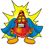 Clip Art Graphic of a Construction Traffic Cone Cartoon Character Dressed as a Super Hero