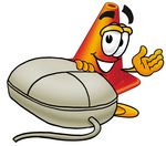 Clip Art Graphic of a Construction Traffic Cone Cartoon Character With a Computer Mouse
