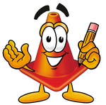 Clip Art Graphic of a Construction Traffic Cone Cartoon Character Holding a Pencil