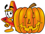 Clip Art Graphic of a Construction Traffic Cone Cartoon Character With a Carved Halloween Pumpkin