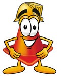 Clip Art Graphic of a Construction Traffic Cone Cartoon Character earing a Hardhat Helmet