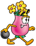 Clip Art Graphic of a Pink Vase And Yellow Flowers Cartoon Character Holding a Bowling Ball
