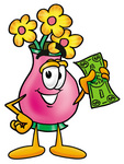 Clip Art Graphic of a Pink Vase And Yellow Flowers Cartoon Character Holding a Dollar Bill