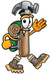 Clip Art Graphic of a Hammer Tool Cartoon Character Hiking and Carrying a Backpack