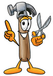 Clip Art Graphic of a Hammer Tool Cartoon Character Holding a Pair of Scissors