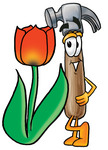 Clip Art Graphic of a Hammer Tool Cartoon Character With a Red Tulip Flower in the Spring