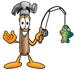 Clip Art Graphic of a Hammer Tool Cartoon Character Holding a Fish on a Fishing Pole