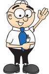 Clip Art Graphic of a Geeky Caucasian Businessman Cartoon Character Waving and Pointing