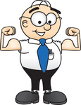 Clip Art Graphic of a Geeky Caucasian Businessman Cartoon Character Flexing His Arm Muscles