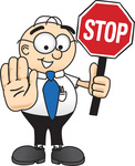 Clip Art Graphic of a Geeky Caucasian Businessman Cartoon Character Holding a Stop Sign