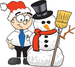 Clip Art Graphic of a Geeky Caucasian Businessman Cartoon Character With a Snowman on Christmas