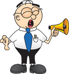 Clip Art Graphic of a Geeky Caucasian Businessman Cartoon Character Screaming Into a Megaphone