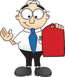 Clip Art Graphic of a Geeky Caucasian Businessman Cartoon Character Holding a Red Sales Price Tag
