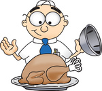 Clip Art Graphic of a Geeky Caucasian Businessman Cartoon Character Serving a Thanksgiving Turkey on a Platter