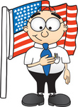 Clip Art Graphic of a Geeky Caucasian Businessman Cartoon Character Pledging Allegiance to an American Flag
