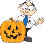 Clip Art Graphic of a Geeky Caucasian Businessman Cartoon Character With a Carved Halloween Pumpkin