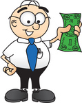 Clip Art Graphic of a Geeky Caucasian Businessman Cartoon Character Holding a Dollar Bill