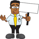 Clip Art Graphic of a Geeky African American Businessman Cartoon Character Holding a Blank Sign